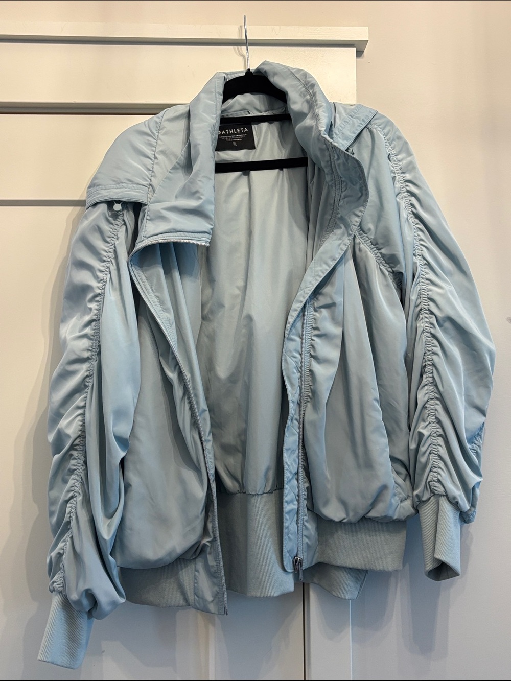 Athleta Pale Blue Ruched Sleeve Bomber Jacket
